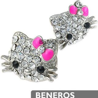   Kitty Silver Cat Earrings Pink Bow w Lovely Swarovski Crystal Jewelry