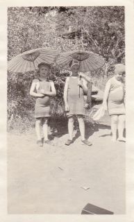   Old Photo Cute Overweight Girls with Umbrellas Swimsuits Bathing Caps