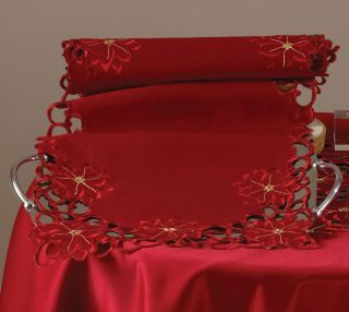 Holiday Flor Poinsettia Embroidery Cutwork Red Table Runner 16x72 