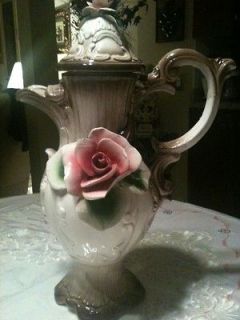   Italy Porcelain Tall 2 Pc. Covered Pitcher Urn / Vase With Flowers