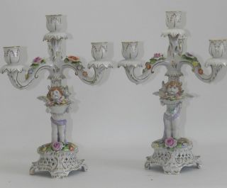   DRESDEN THREE BRANCH CANDLESTICKS WINGED CHERUBS WITH FLOWERS C1980