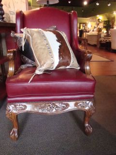 Hair on Hide Cowhide Red Leather Wing Chair Western Leather Arm Chair