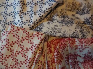 Red and/or Blue Toile/leaf pattern fabric, light upholstery, drapery 