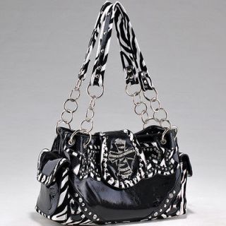 Black Faux Leather/Suede Studded Zebra Print Shoulder Bag Rhinestone 