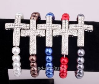   Beads Chain With Two Row Crystal Cross Elastic Bracelet For Women