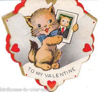 Vintage Valentine Card Cat Girl Holds Picture of Tomcat 1920s to 1930s 
