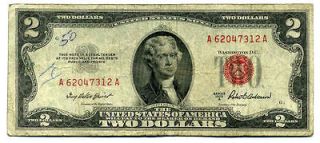   TWO DOLLAR BILL UNITED STATES US $2 PAPER MONEY NOTE#A62047312​A RED