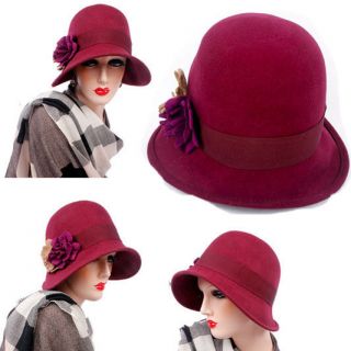   Flower Ladies Formal Vintage Church Wool Felt Cloche Fedora Floppy Hat