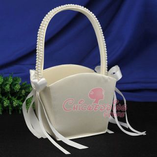   Square Flower Basket with Pearls Handle Bow Ribbon Wedding Supplies