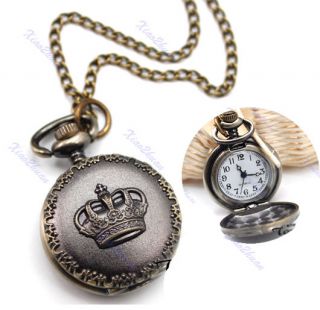   Bronze Vintage Crown Quartz Pocket Watch Pendant Necklace Chain