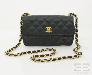 Chanel Vintage Black Quilted Satin 22K Gold Plated Chain Strap Flap 