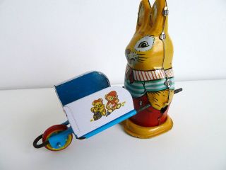   Bunny with Wheelbarrel Wind Up Tin Toys New in Box Retro Cute