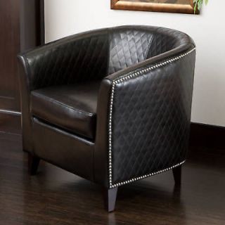 Elegant Modern Design Quilted Black Leather Tub / Barrel Club Chair