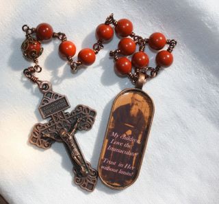 One Decade Wire Wrapped Antique Copper Rosary St. Maximilian Kolbe