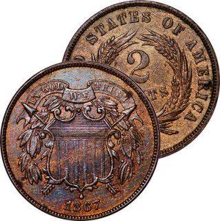 1867 TWO 2 CENTS COIN RED BROWN CHOICE UNC AU+
