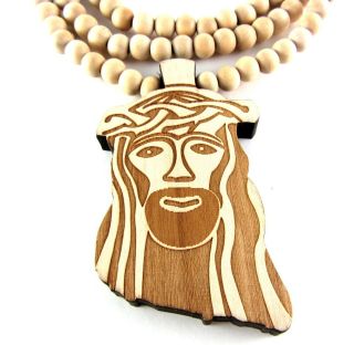 Wooden Jesus Face Pendant Piece 36 Chain Bead Necklace Good Wood 
