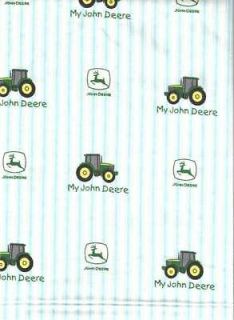 My John Deere Flannel Fabric Tractors and Emblems on Blue Stripe
