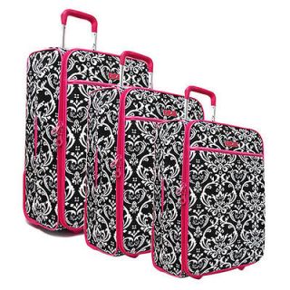 3pc Black & White Floral Design Rolling Luggage Set with Fuchsia Trim