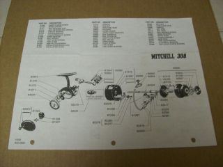 1992 Mitchell 308 Spinning Reel Parts and Specification Sheet