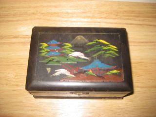 Vintage Japanese Oriental Jewelry Box, Hand Painted Wood, Music Box 
