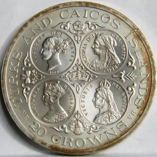 TURKS & CAICOS: large 1976 silver 20 Crowns Queen Victoria 