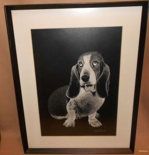 Vintage Basset Hound Hush Puppy Scratchboard Signed Ardith Piccolin 