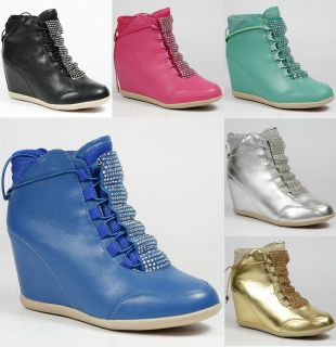   HIGH TOP FASHION SNEAKERS WEDGE ANKLE BOOT BOOTIE LILIANA BLACK BLUE