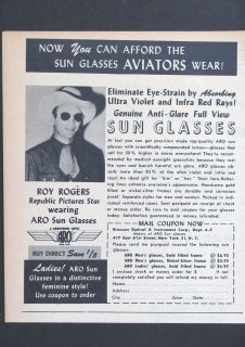 1946 BRONSON OPTICAL ARO Aviator Sun Glasses magazine Ad actor Roy 