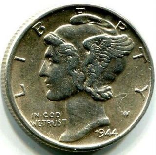 1944 ★★★ AU+ MERCURY/WINGED LIBERTY DIME AS IN PICTURES 