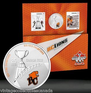 2012 THE BC LIONS   25 CENT COLOURED COIN and STAMP SET, 100th YEAR of 