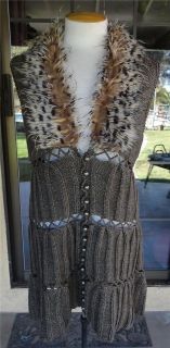 Leopard Print Faux Fur Collar Long Sweater Vest Sz. S,M,L