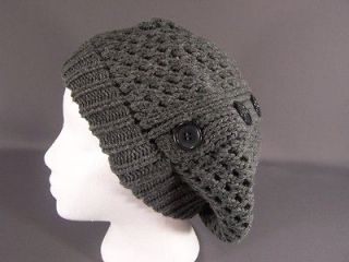 Gray Grey winter knit button beret slouchy baggy tam hat cap beanie 