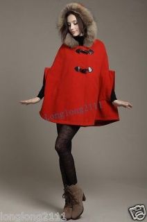 2012 NEW Style Wool Overcoat Fur Collar Hooded Cape Fashion Bow Poncho 