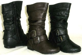 Cute! Girls Slouchy Kids Tall Flat 2 Buckle Slouch Boots* Faux Leather
