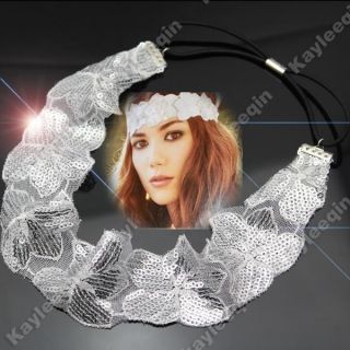 White Lace Flower Bling Sequin Wrap Forehead Head Hair Band Boho Hippy 
