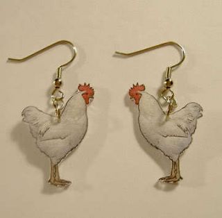 White Plymouth Rock Bantam Chicken Hen Dangle Earrings