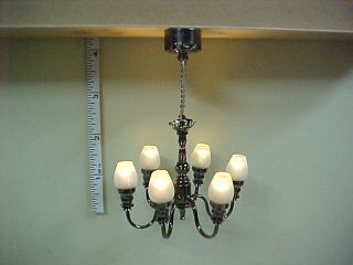 Battery Operated Light  6 Arm Black Chrome Chandelier #CL28S Dollhouse 