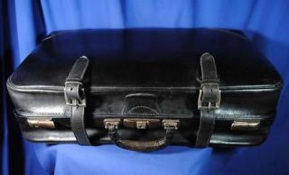 Antique Vtg Industrial Steampunk Black Leather Luggage Suitcase w 