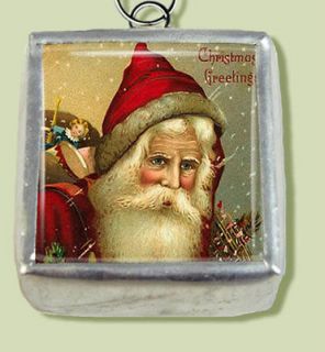 Christmas Santa Claus Vtg Postcard Silver Soldered Necklace Pendant 