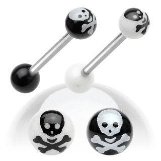 316L Surgical Steel 14GA Tongue Barbell With White Crossbone UV Balls