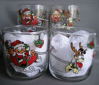Vintage Set/Lot 4 GARFIELD & ODIE CHRISTMAS GLASSES ~ 3/ 8oz Cups 