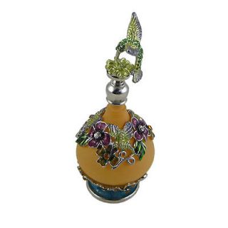   Hummingbird perfume bottle bejeweled Victorian style flowers yellow