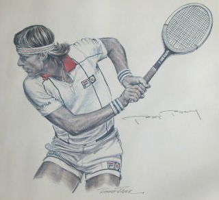 vtg 1982 Lithograph watercolor Tennis drawing for FILA Signed by BJORN 