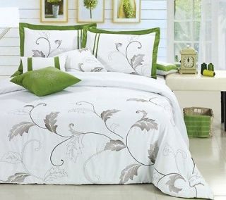8pc Luxury Comforter Bedding Ensemble Set FLG. Green White Leaf Vine 