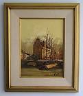   & Signed Abstract Oil Painting Wall Art Fall City Harbor Water Scene