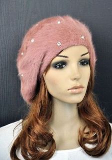 Beautiful Rhinestones Soft Warm Real Rabbit Fur Winter Beret Hat Cap 