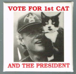 BILL CLINTON PIN, VOTE FOR 1ST CAT AND THE PRESIDENT PINBACK BUTTON 