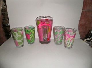 LILLY PULITZER fabric HIPPO CAT TUMBLERS & LARGE PITCHER