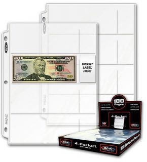100 sheets BCW 4 Pocket Currency Pages Binder Albums