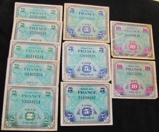   10 French WW2 Notes with 2 Francs, 5 Francs, and 10 Francs France WWII